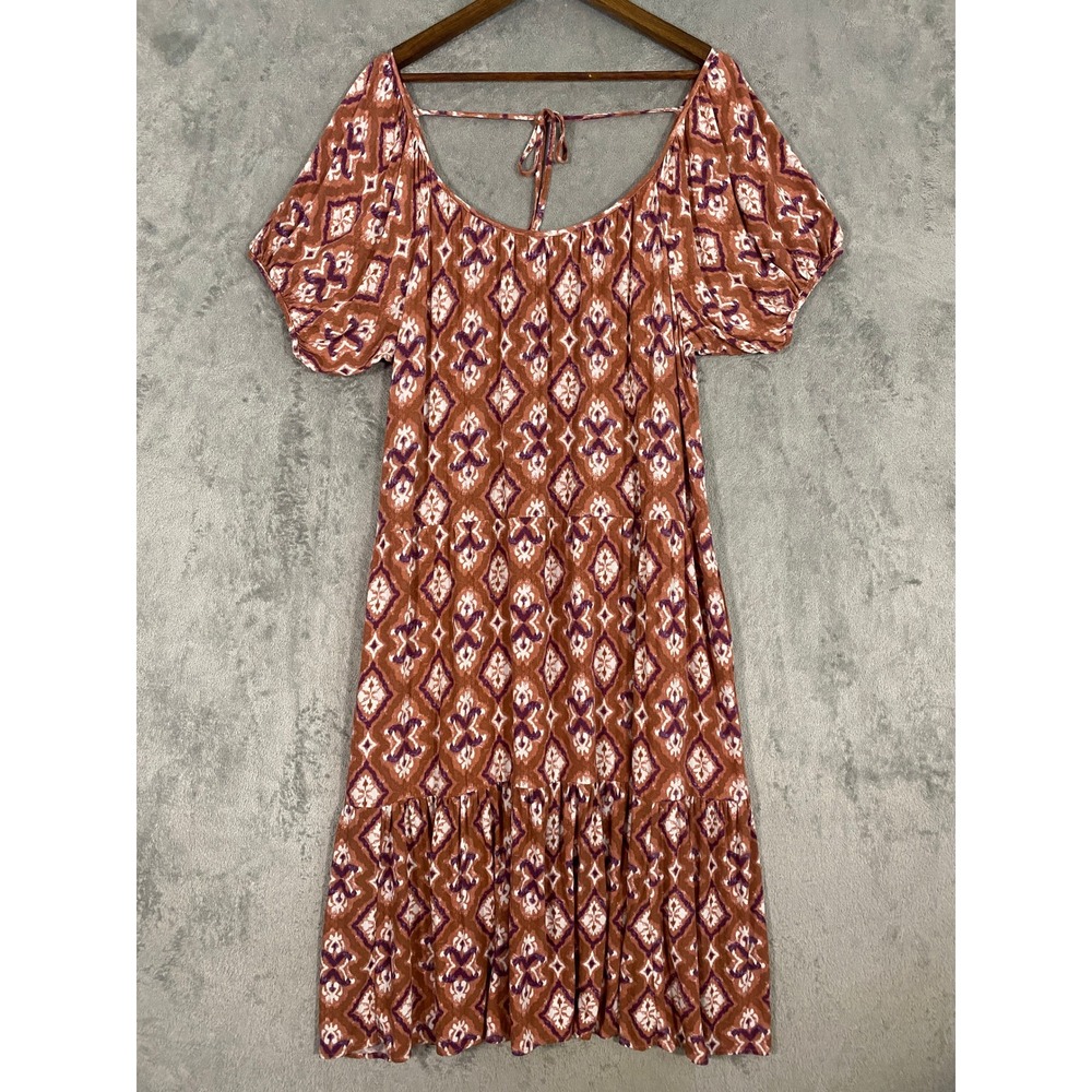 Knox Rose Dress Sz XL Rust Orange Ikat Tiered Boho Puff Sleeve Pockets‎ Flowy